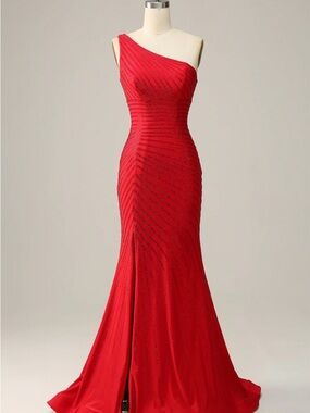 Mermaid One-Shoulder Red Evening Gown with Beading